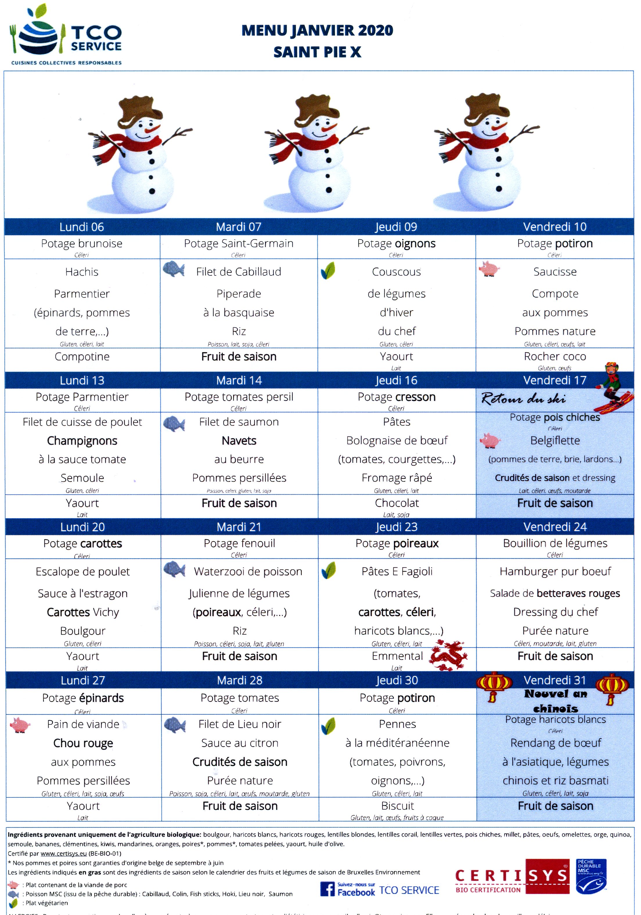 Menus du mois + la liste des allergènes